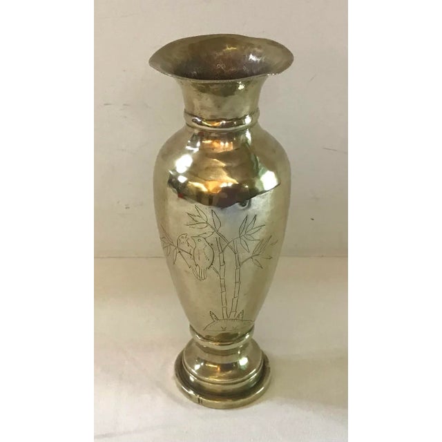 Nice 1940s Brass art vase made from artillery shell from WW II circa 1940s. Nice etched Asian bamboo design.