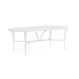 Brown Jordan Calcutta 44" x 86" Oval Cast Umbrella Dining Table in Chalk For Sale