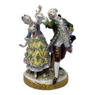 Antique Sitzendorf German Porcelain China Dancing Male Female Figure Group 19Ct For Sale