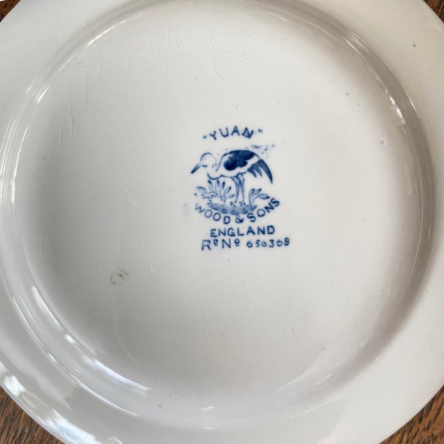 Antique Blue & White Transferware Bread Plates by Wood & Sons Made in England "Yuan" Pattern - Set of 8 For Sale - Image 9 of 9