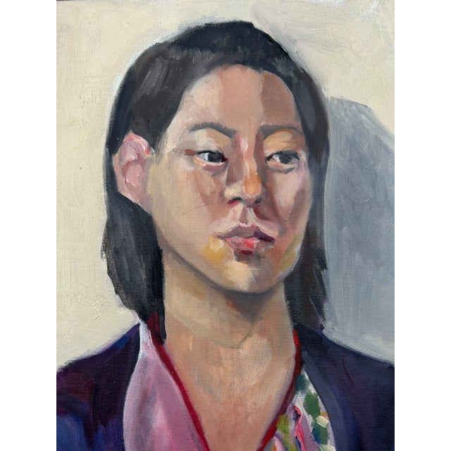 Vintage impressionist oil painting portrait of woman wearing a kimono. Painting is not framed, illegible signature on the...