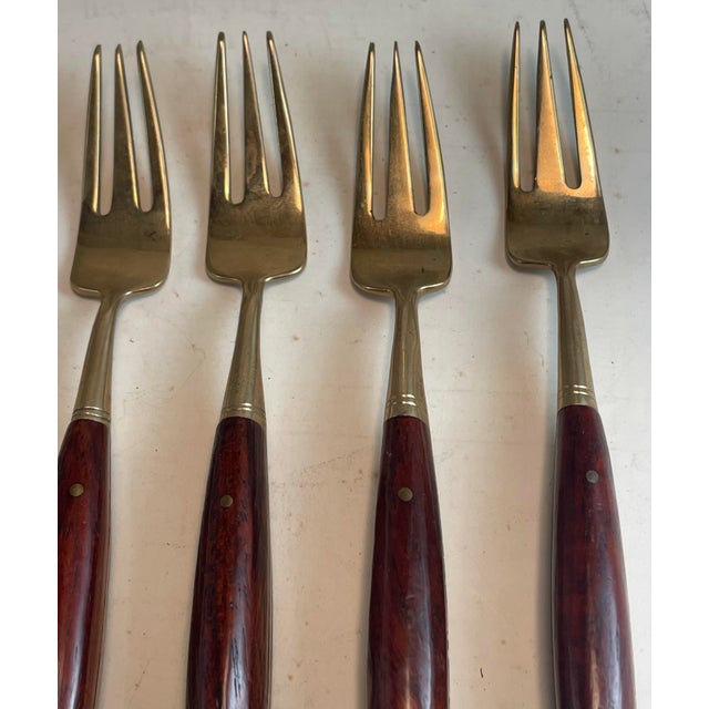 Mid-Century Modern Mid 20th Century Rosewood & Brass Small Desert H'Ordreves Forks Flatware Set of 5 For Sale - Image 3 of 11