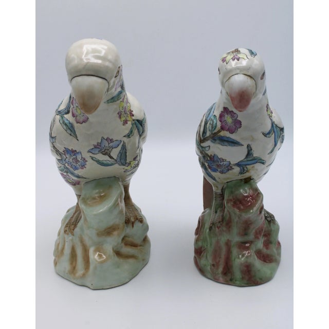 Chinese Large Mid Century Famille Rose Chinese Export Parrot Figurines - Set of Two For Sale - Image 3 of 12