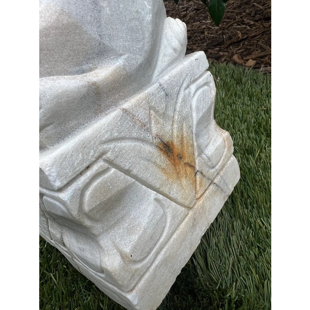Pair of Chinese Hand Carved White Marble Stone Fengshui Foo Dogs Lions Statue For Sale In Los Angeles - Image 6 of 9