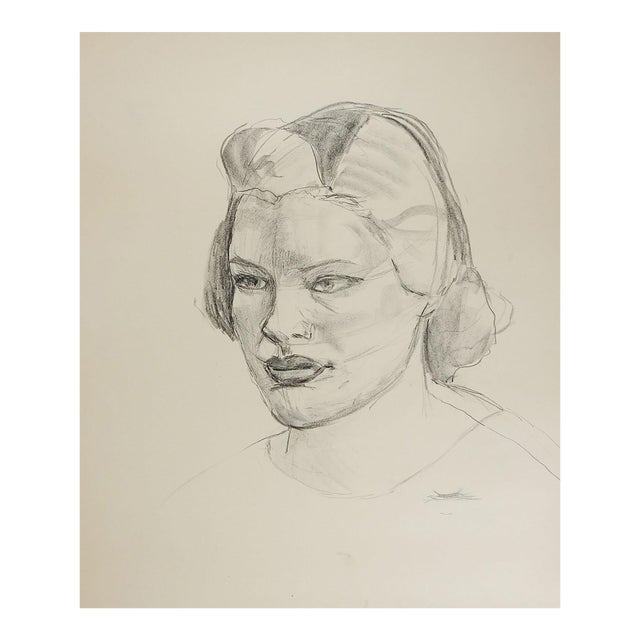 Vintage Mid 20th Century Portrait Drawing of Woman For Sale