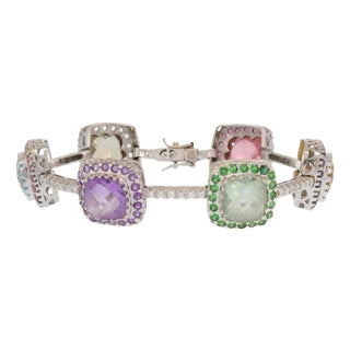 Diamond Multicolor Gems 18k White Gold 6 Cushion Bracelet For Sale
