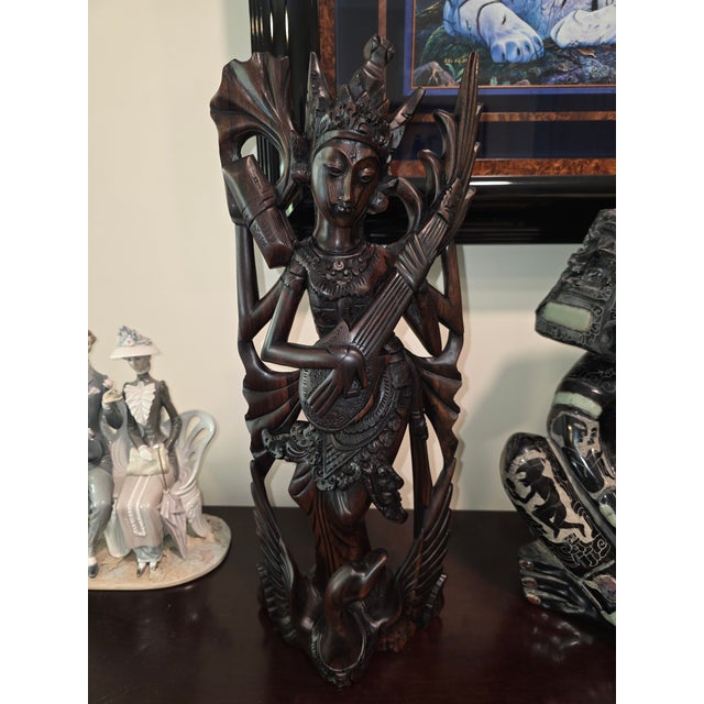 1980s Mid 20th Century Art Deco Balinese Modernist Macassar Ebony Sarasvati Swan Rider Sculpture For Sale - Image 5 of 18