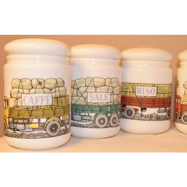 Set of Piero Fornasetti Opaque White Glass Jars and Covers made for Fiat, Circa 1960. For Sale In Philadelphia - Image 6 of 11