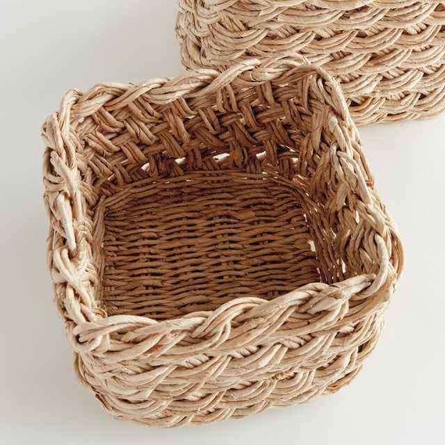 Rustic European Abaca French Braid Storage Baskets Square, Set of 2 For Sale - Image 3 of 5