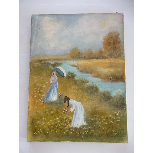 Women in the Meadow Collecting Flowers, 1800s, Oil on Canvas For Sale - Image 5 of 18