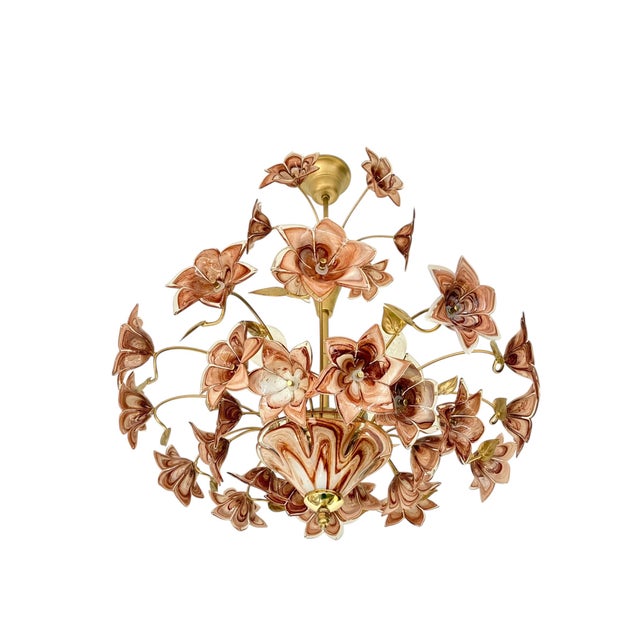 Large Murano Style Brown Flower Bouquet Chandelier With 4 E27 Bulbs. Hand-Blown Glass Flowers, Restored , Rare Italian Vintage For Sale - Image 4 of 17