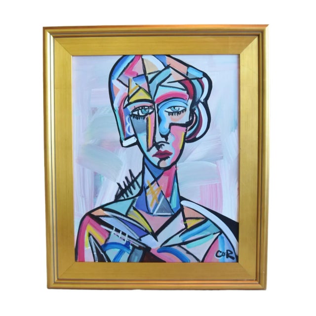 Wood Contemporary Modern Listed Artist Cubism Portrait Oil Painting Including the Antiqued Gold Wood Frame For Sale - Image 7 of 9