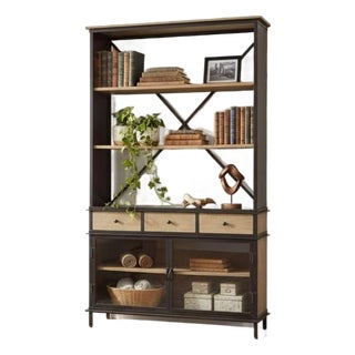 Huge Industrial Open Shelf Iron & Teak Wood Glass Door Bookcase For Sale