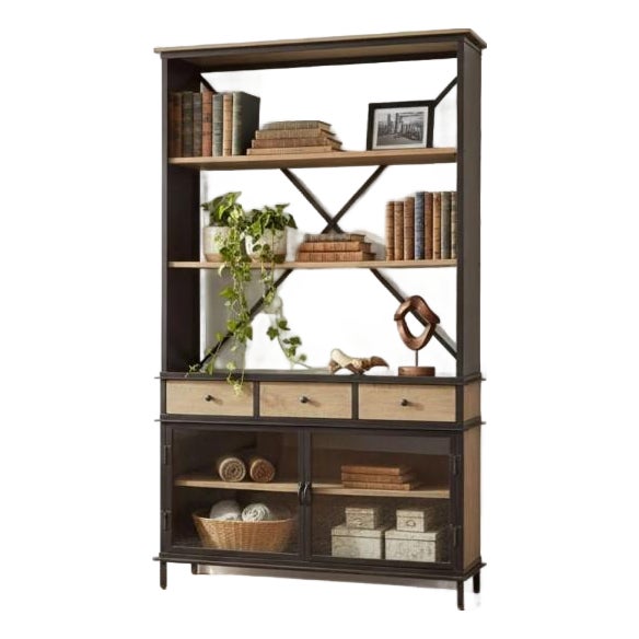 Huge Industrial Open Shelf Iron & Teak Wood Glass Door Bookcase For Sale