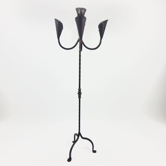Metal Hand Forged Iron Floor Candelabra 49″ (124cm) Antique Copper Patina 5-Arm Lily Cup Candle Holder Rustic Church Decor For Sale - Image 7 of 8