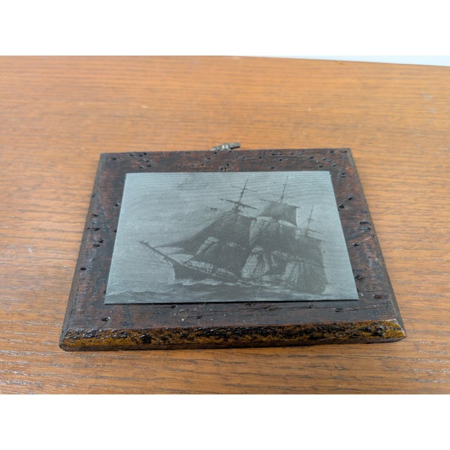 Mid 20th Century Vintage Etched Maritime Ship Art in Charactered Woodworm Wooden Frame For Sale - Image 5 of 6