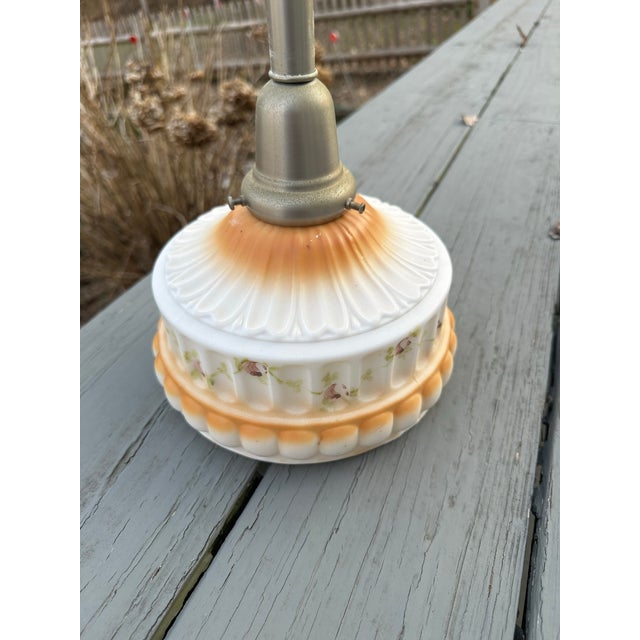 Old Lights On is pleased to offer this vintage shade with satin nickel pendant fixture. It is wired and ready to install....