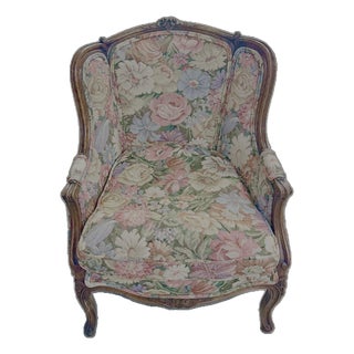 Antique Hand-Carved and Floral Needlepoint Bergere For Sale