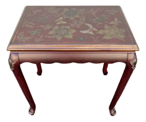 Chinoiserie Red Lacquer Floral Relief Side End Table