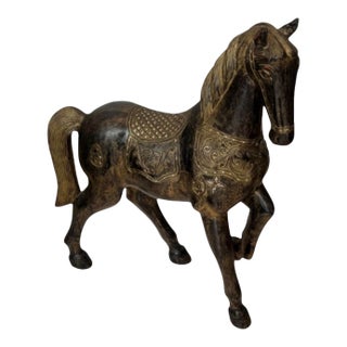 Vintage Hand-Carved Wooden Horse Sculpture For Sale