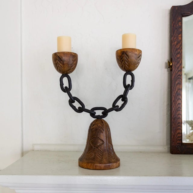 Brown Spanish Chain and Wood Candle Holder Candelabra by Joaquin Ripoll For Sale - Image 8 of 12