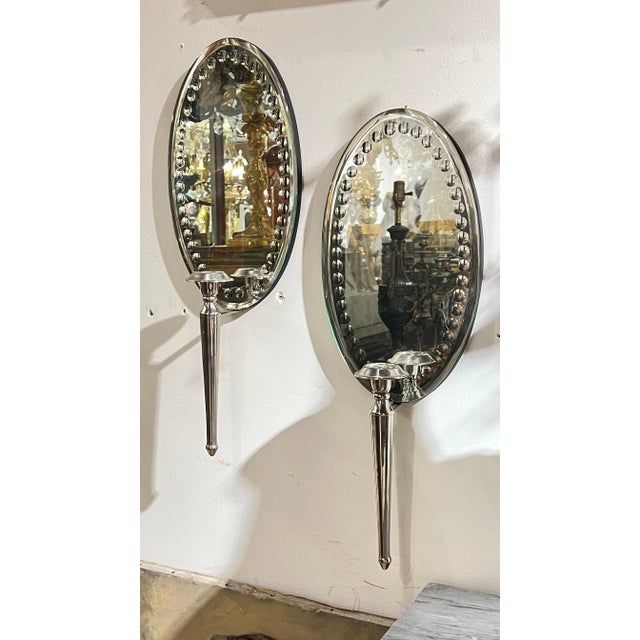 Vintage Oval Mirror Back and Silverplate Sconces - A Pair For Sale In New York - Image 6 of 11