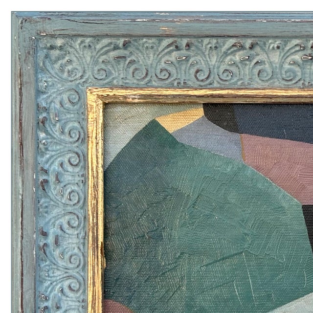 Various Artists Contemporary Abstract Color-Block Oil Painting in Vintage Blue Frame For Sale - Image 4 of 6