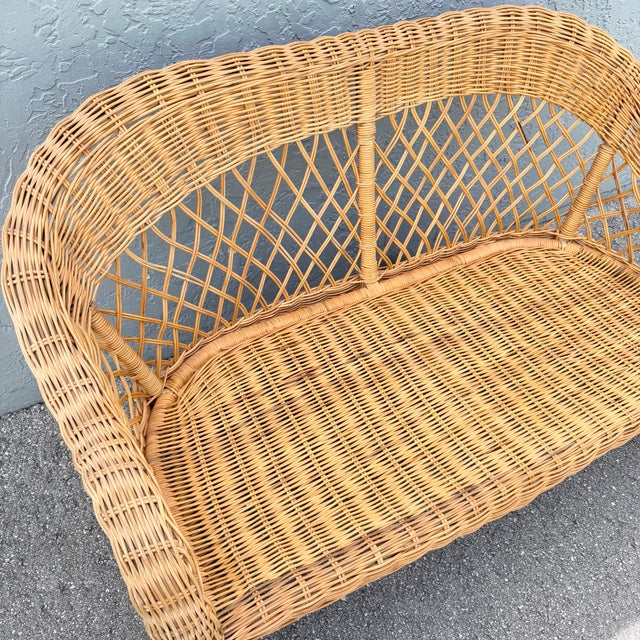 Boho Chic Vintage Boho Chic Woven Wicker Love Seat For Sale - Image 3 of 10