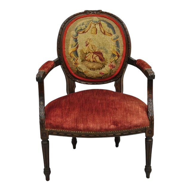 Late 19th Century Antique French Louis XVI Style Carved Walnut Needlepoint Red Fauteuil Armchair For Sale