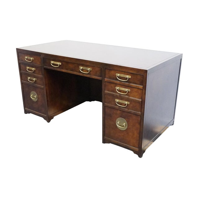 BAKER FURNITURE Burled Walnut Asian Ming Chinoiserie 60" Executive Office Desk 30 High 60" Wide 30" Deep Knee Area: 24.5"...