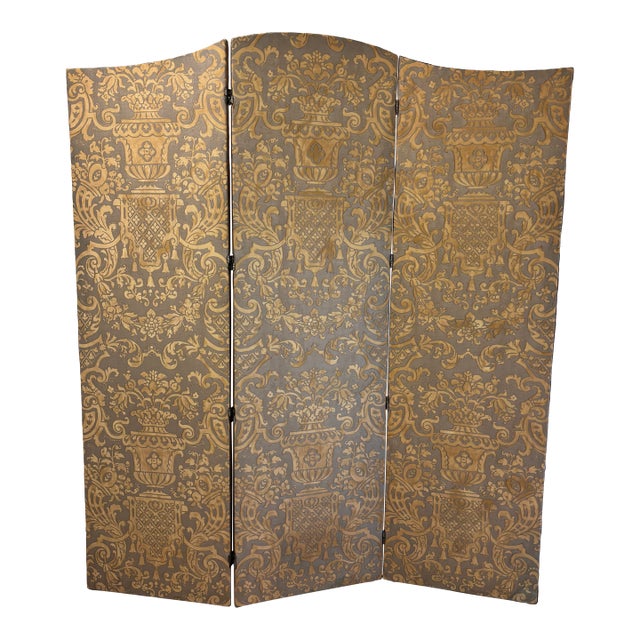 Vintage Fortuny 'Carnavalet' Three Panel Double Sided Screen / Double Sided Room Divider For Sale