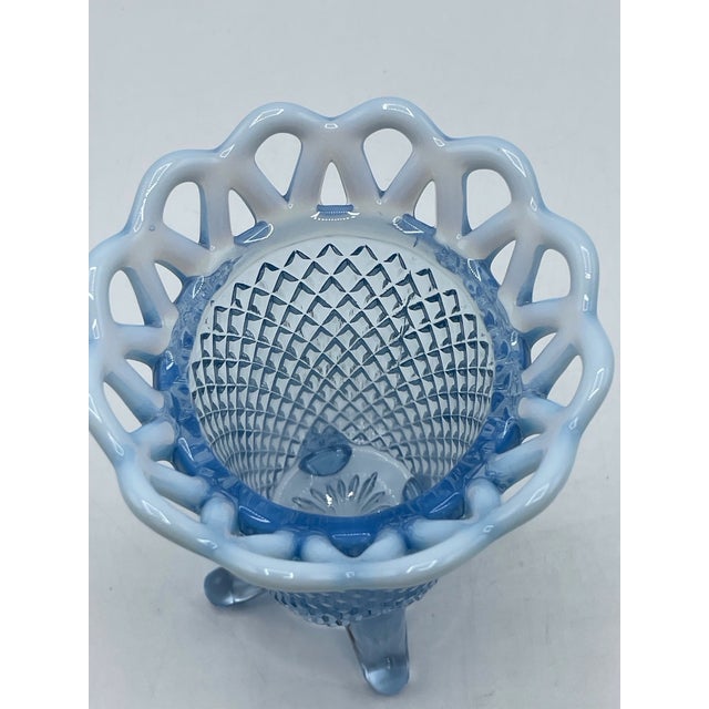 1930s Vintage Imperial Glass Vase Blue Diamond Pattern Opalescent Footed For Sale - Image 5 of 8