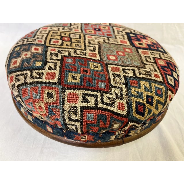 Antique Needlepoint and Wood Round Footstool | Chairish