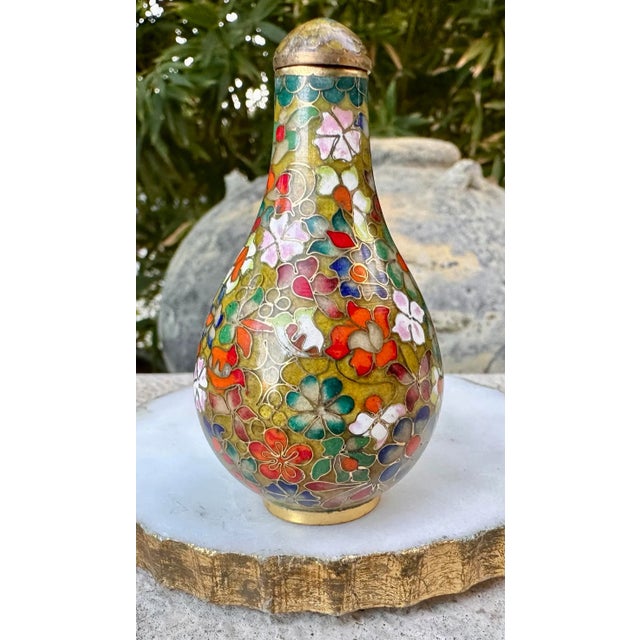 Antique Floral Cloisonné Snuff Bottle With Stopper & Spoon For Sale - Image 11 of 12