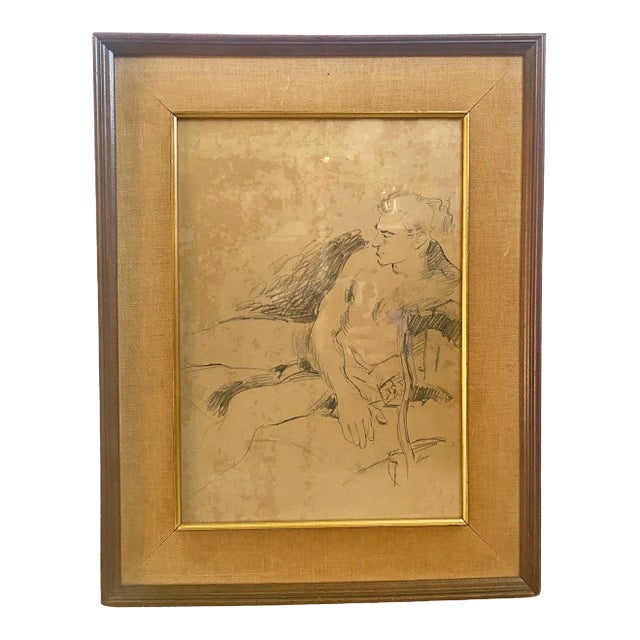 Vintage Framed Pencil Sketching of Male Nude, Circa 1940 Signed Romin For Sale