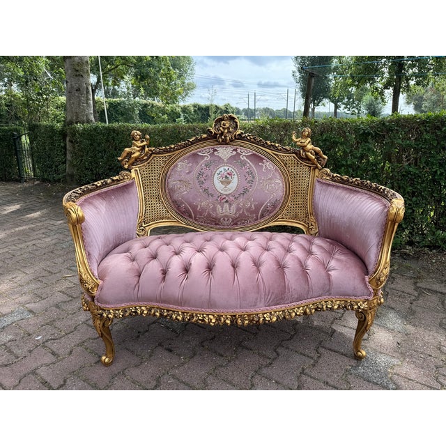 1940 French Louis XVI Gold Beech Rose Velvet Settee For Sale - Image 6 of 18