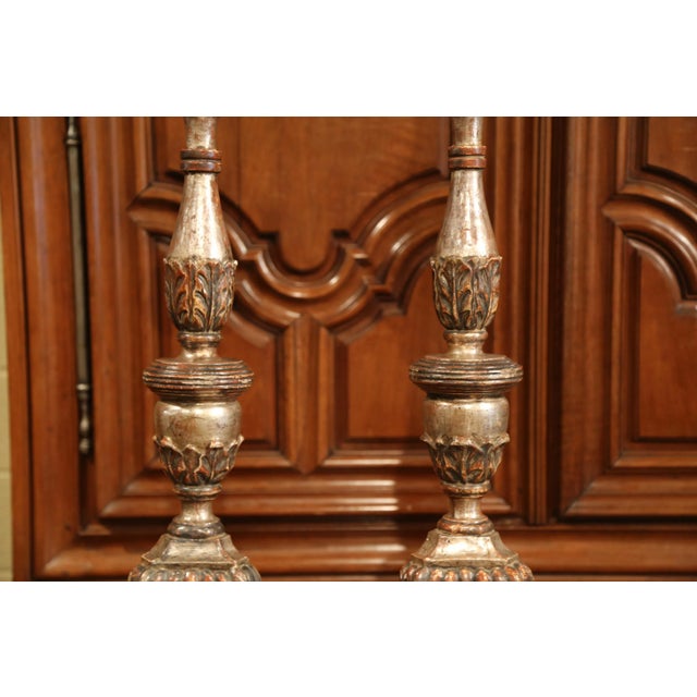 Italian Pair of 19th Century Italian Carved Silver Leaf Pricket Candlesticks For Sale - Image 3 of 11