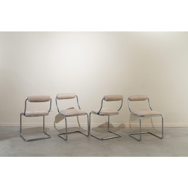Cream Set of Four Tubular Steel Chairs, Space Age, Upholstered in White Suede. C. 1970, Set of 4 For Sale - Image 8 of 13