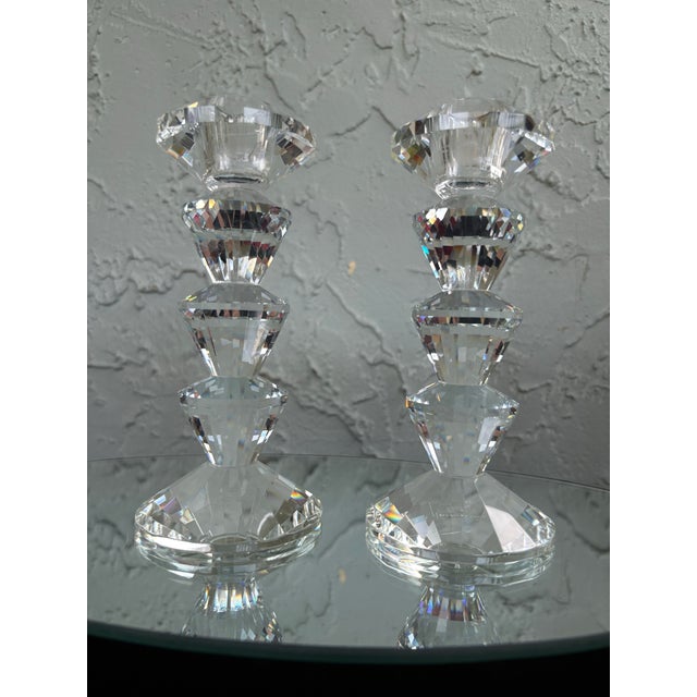 Pair of Simon Designs Faceted Crystal Candlesticks – Geometric Art Deco Style For Sale - Image 4 of 12