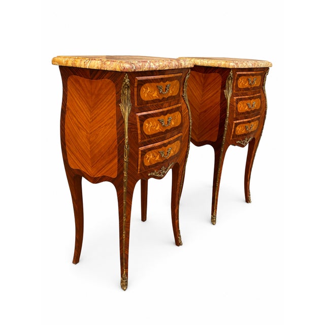 Maroon Louis XV Bedside Tables with Floral Marquetry, 1890s, Set of 2 For Sale - Image 8 of 11