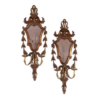 Early 20th Century Carved Italian Giltwood Girandole Mirror Sconces - a Pair For Sale