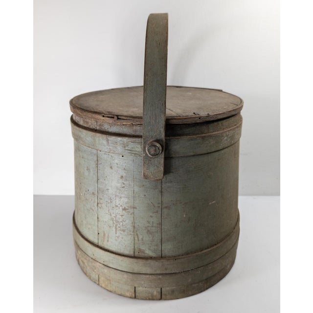 Farmhouse 19th Century Rustic Primitive Farmhouse Grey Green Painted Firkin Bucket For Sale - Image 3 of 15