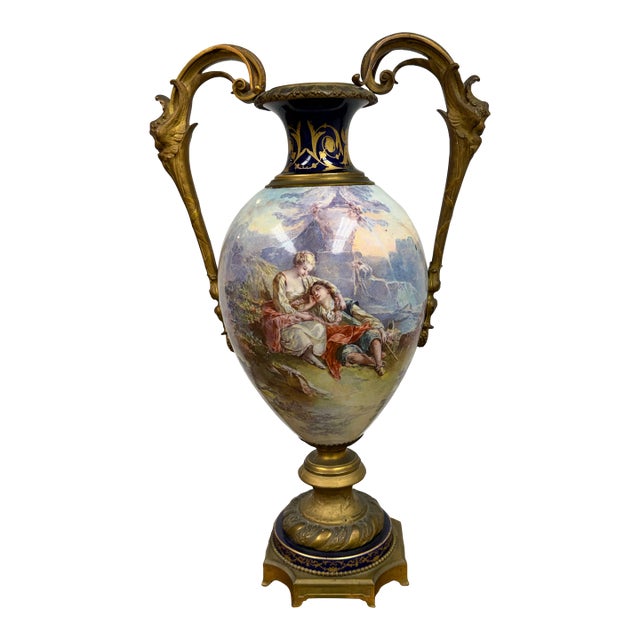 19th Century Rococo Shepherds Lovers Porcelain Vase With Ormolu Cherub Handles For Sale
