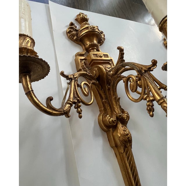 Metal Antique Large 3 Light French Gold Gilt Bronze Pair Wall Sconces Figural Heads With Horn For Sale - Image 7 of 12