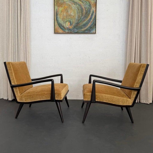 Mid-Century Modern 1950s Hollywood Regency Lounge Armchairs in Black Lacquered Walnut For Sale - Image 3 of 10