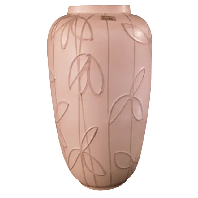 Vintage German White Ceramic Vase with Beige Floral Decoration by Carstens, 1970s For Sale