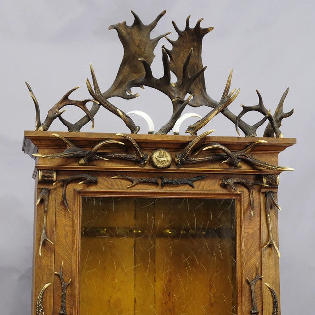 Fantastic Oak Wood Gun Cabinet With Antler Decoration Ca. 1900 | Chairish