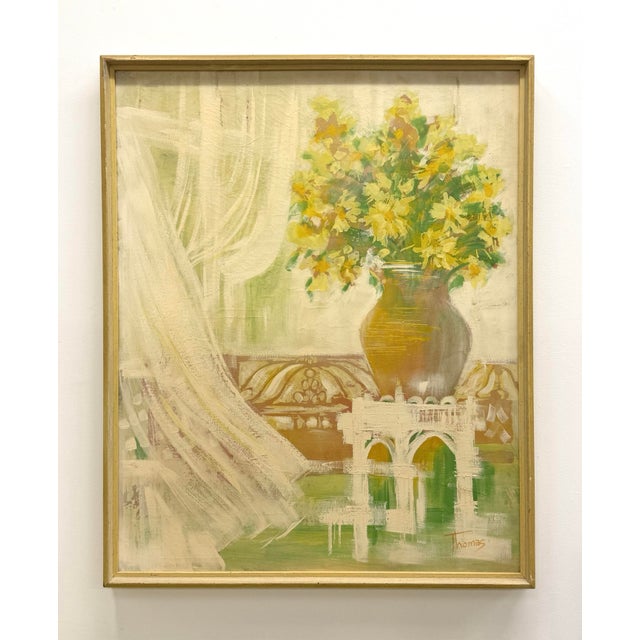 A signed abstract still life depicting a vibrant bouquet of yellow flowers arranged in a sculptural vase. Expressive...