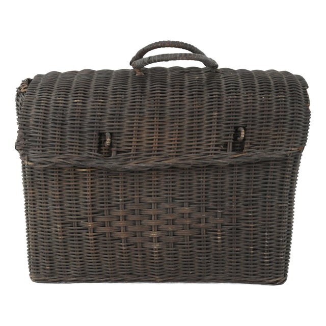 Vintage Woven Rattan Picnic Basket With Handle & Lid – Handwoven Storage & Décor For Sale