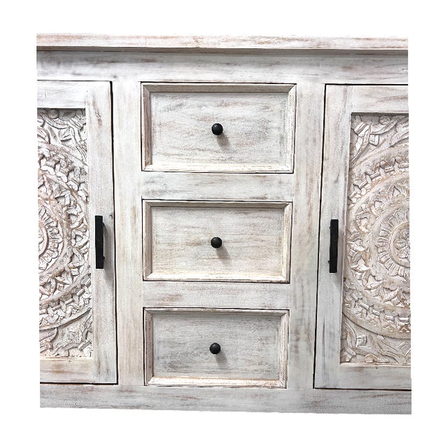 2 Door 3 Drawer Laser Cut Solid Mango Wood Cabinet For Sale In West Palm - Image 6 of 7